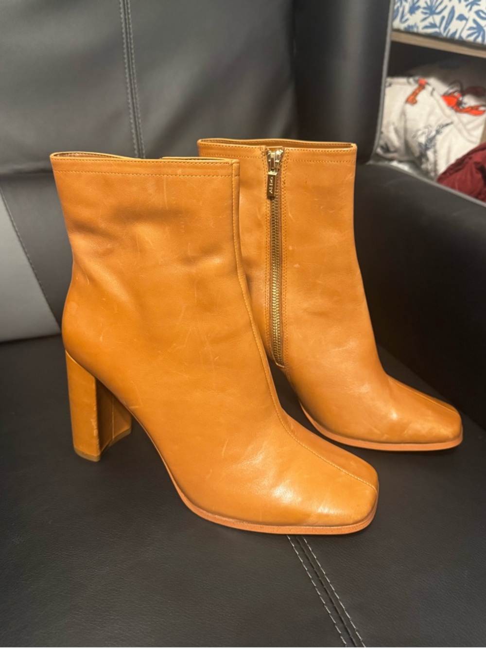Aldo Tan Leather Square-Toe Block Heel Ankle Boots